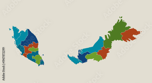 Malaysia Map Regions - Divided States, Colorful Administrative Districts