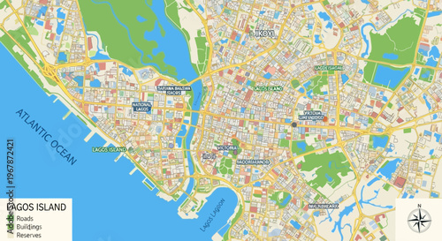 Map of Lagos, Nigeria showing Atlantic Ocean, Lagos Island, and city layout