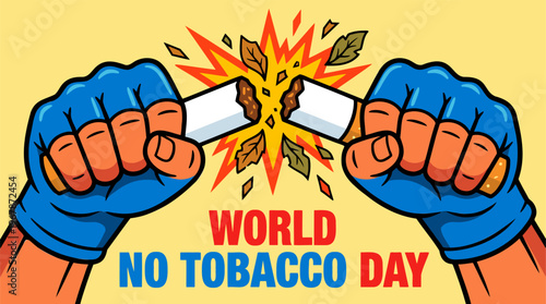 Fisted hands breaking a cigarette, exploding tobacco leaves symbolizing quitting smoking and a healthy life in a vibrant comic style vector illustration.