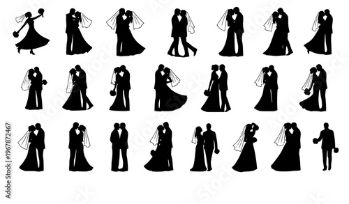 Minimal wedding couple silhouette icon set bride and groom romantic poses vector isolated on white background