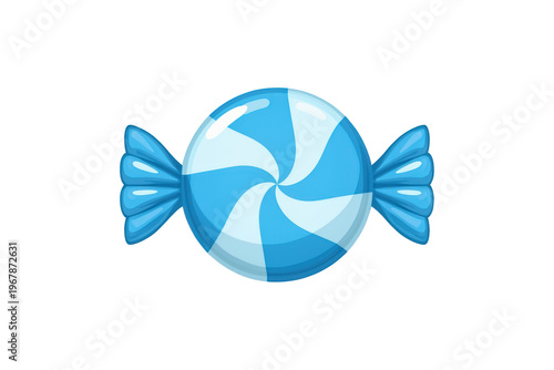 Blue and white striped candy in wrapper, sweet peppermint swirl treat for party and celebration, transparent background