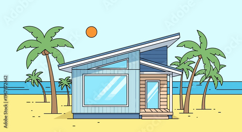 Modern Beach House Illustration with Palm Trees and Ocean View