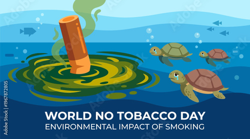 Crying sea turtles near a cigarette butt dumping toxic sludge into ocean, symbolizing smoking's environmental impact, in flat vector style with blue green tones, an underwater illustration.