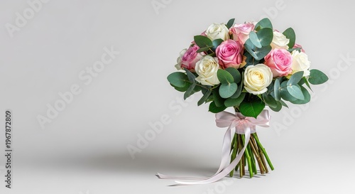 Elegant bridal bouquet featuring soft pink and white roses arranged with fresh green eucalyptus leaves and tied with a delicate satin ribbon, botanical, celebration, floral