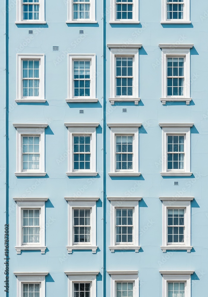 Fototapeta premium Elegant seamless architectural pattern featuring rows of white windows set against a soft powder blue house facade in a repetitive design, house, detail, background