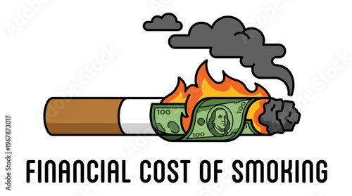 Cigarette and dollar bills burning cash, producing smoke and ash, symbolizing financial ruin from smoking, addiction's cost in a flat vector illustration with bold outlines, isolated on white.