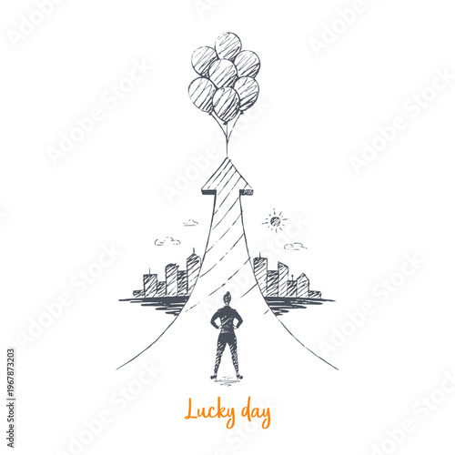 Lucky Day Sketch - businesswoman facing arrow with balloons illustration