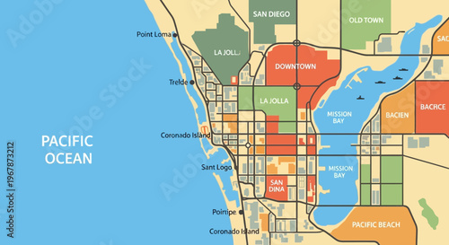 Cuadro en lienzo San Diego California Map - Pacific Ocean, Downtown, La Jolla, Mission Bay