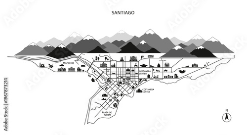 Santiago City Map with Andes Mountains Illustration