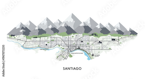 Santiago City Map with Andes Mountains Silhouette - Urban Landscape