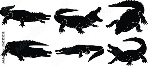 Crocodile silhouette vector set. Alligator black shapes with bold title and dynamic poses. Wild reptile collection isolated for logo, wildlife, tattoo, and graphic design use.