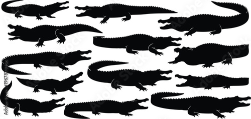 Crocodile silhouette bundle. Alligator vector set with dynamic poses and curved body shapes. Wild reptile silhouettes isolated for logo, tattoo, wildlife, and graphic design use.