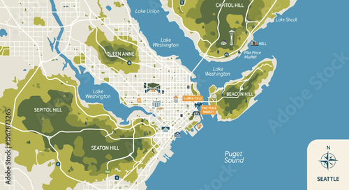 Seattle Washington map illustration, downtown aerial view, Puget Sound, parks, neighborhoods