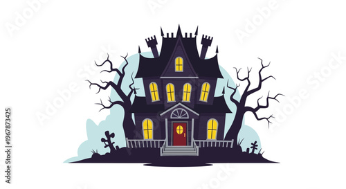 Spooky Haunted House with Dead Trees and Graveyard - Halloween Illustration