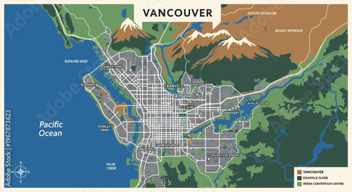 Vancouver City Map with Mountains and Ocean - Canada Travel Destination