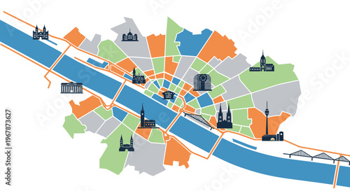 Vienna City Map with Landmarks and Danube River - Illustration