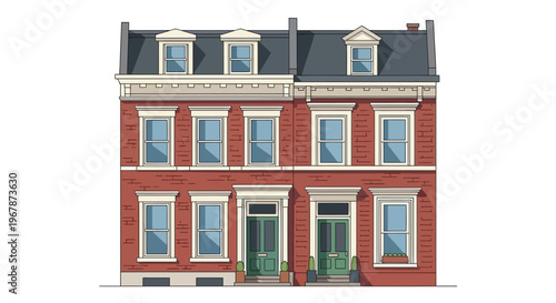 Victorian Townhouses Facade, Red Brick Row Houses, Classic Architecture, Urban Dwelling