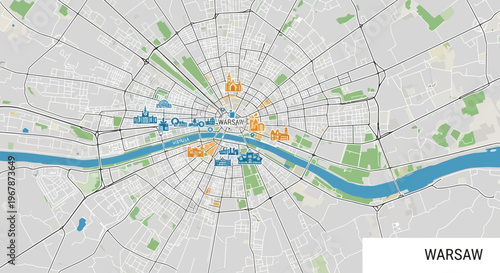 Bild auf Leinwand Warsaw City Map Aerial View with Vistula River and Landmarks