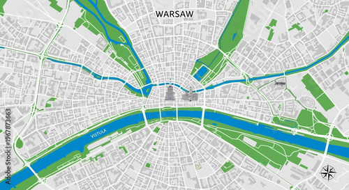 Warsaw City Map Top View: Vistula River, Green Parks, Urban Grid