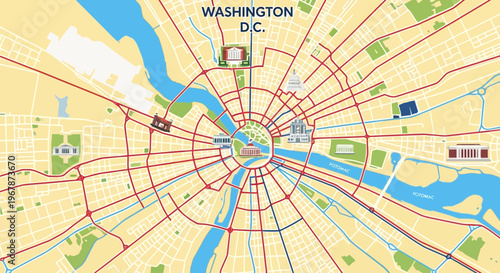 Washington D.C. map, aerial view, radial street layout, landmarks, Potomac River