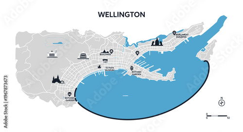 Wellington City Map Illustration: Waterfront, Landmarks & Harbour