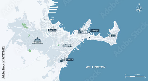 Wellington City Map with Landmarks and Harbor - New Zealand Capital
