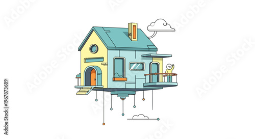 Whimsical Floating House with Dog on Balcony, Surreal Dreamscape