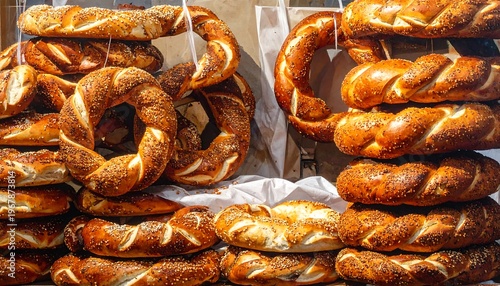 A stack of freshly baked pretzels on a white cloth