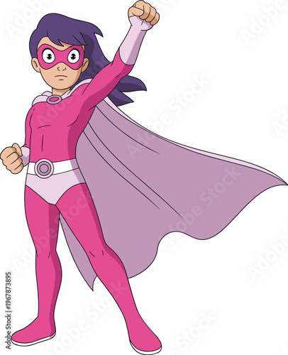 Powerful Superhero Girl Cartoon Character in Pink Suit and Cape Standing in Heroic Pose for Empowerment Courage and Justice Protection
