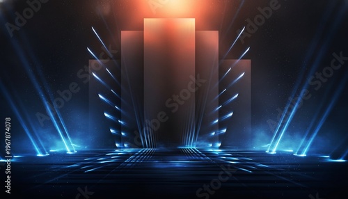 A futuristic cityscape at night with sleek skyscrapers and vibrant blue lights illuminating the dark background