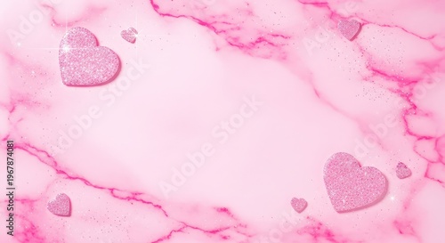 Romantic pink marble texture featuring heart shapes, glittering accents, and a soft pastel aesthetic, providing a central area for copy, romantic, valentines day, romanticism