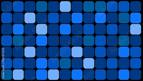 A visually striking mosaic pattern composed of various shades of blue squares on a black background
