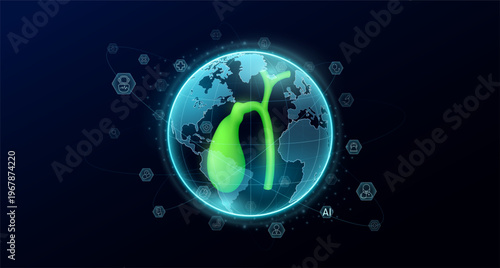 Human organ green gallbladder in blue transparent globe. Science icons surrounded. Global there is increasing importance placed on health care. Medical world future. Vector.