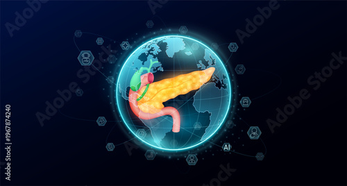 Human organ pancreas in blue transparent globe. Science icons surrounded. Global there is increasing importance placed on health care. Medical world future. Vector.
