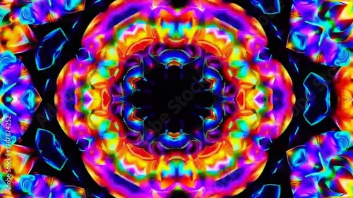 A dynamic video showcasing a psychedelic kaleidoscope design with vivid neon hues and detailed stained glass patterns, delivering a trippy and visually captivating artistic effect.