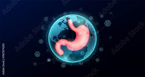 Human organ red stomach in blue transparent globe. Medic science icons surrounded. Medical world future. Global there is increasing importance placed on health care. Vector.