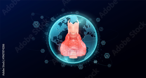 Human organ thyroid gland in blue transparent globe. Science icons surrounded. Global there is increasing importance placed on health care. Medical world future. Vector.