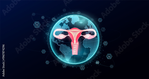 Human organ uterus in blue transparent globe. Science icons surrounded. Global there is increasing importance placed on health care. Medical world future. Vector.