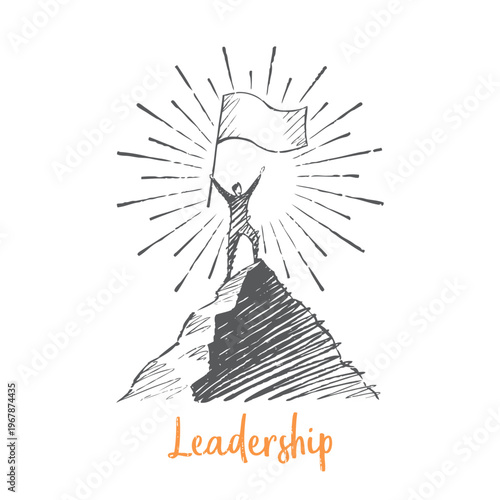Leadership - person raising a flag on the mountain top