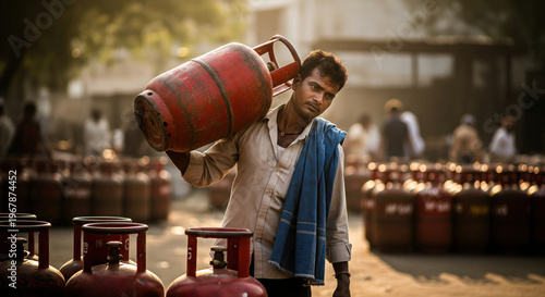 Workers carry and manage rows of LPG gas cylinders at outdoor storage yard