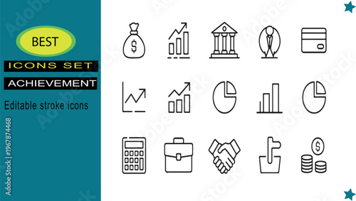 Collection of flat business and financial icons for data analysis and achievement tracking