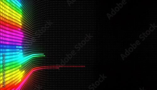 A vibrant digital graphic with a rainbow-colored wave pattern on a black background