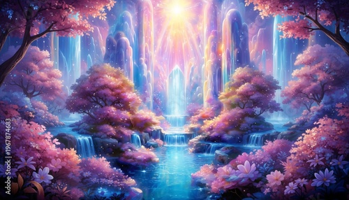 A serene and vibrant fantasy landscape with a river flowing through a colorful forest and illuminated by a radiant light