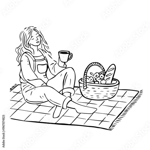 Minimalist Woman Picnic Line Art Illustration with Basket and Coffee