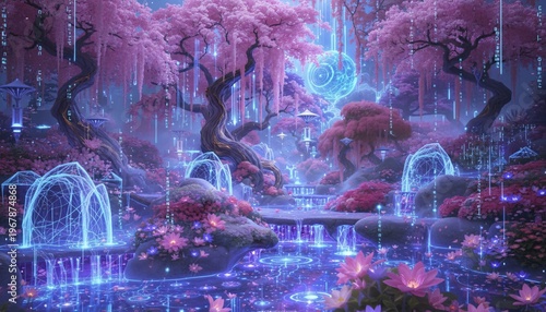A serene and vibrant digital illustration of a futuristic garden with glowing fountains and neon lights