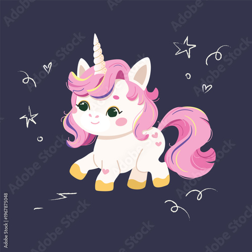 Magical fairytale unicorn. Cute kawaii character with a colorful mane and tail.