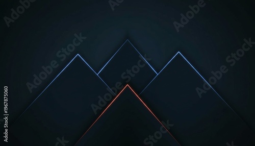 A minimalist graphic design featuring a stylized mountain range with neon lines on a dark background