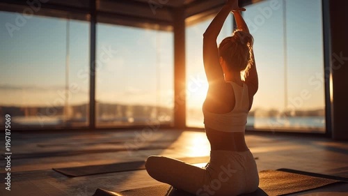 Woman practicing yoga at sunrise studio.