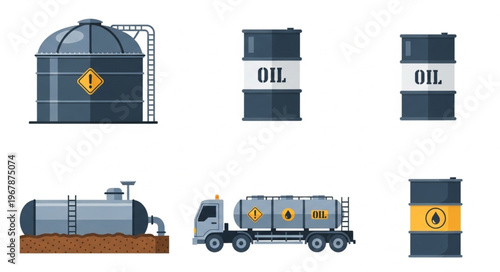 Oil Industry Assets - Storage Tanks, Barrels, and Transport Truck.