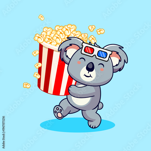 Cute Koala with 3D Glasses Carrying Big Popcorn Bucket Vector Illustration Kawai Animal